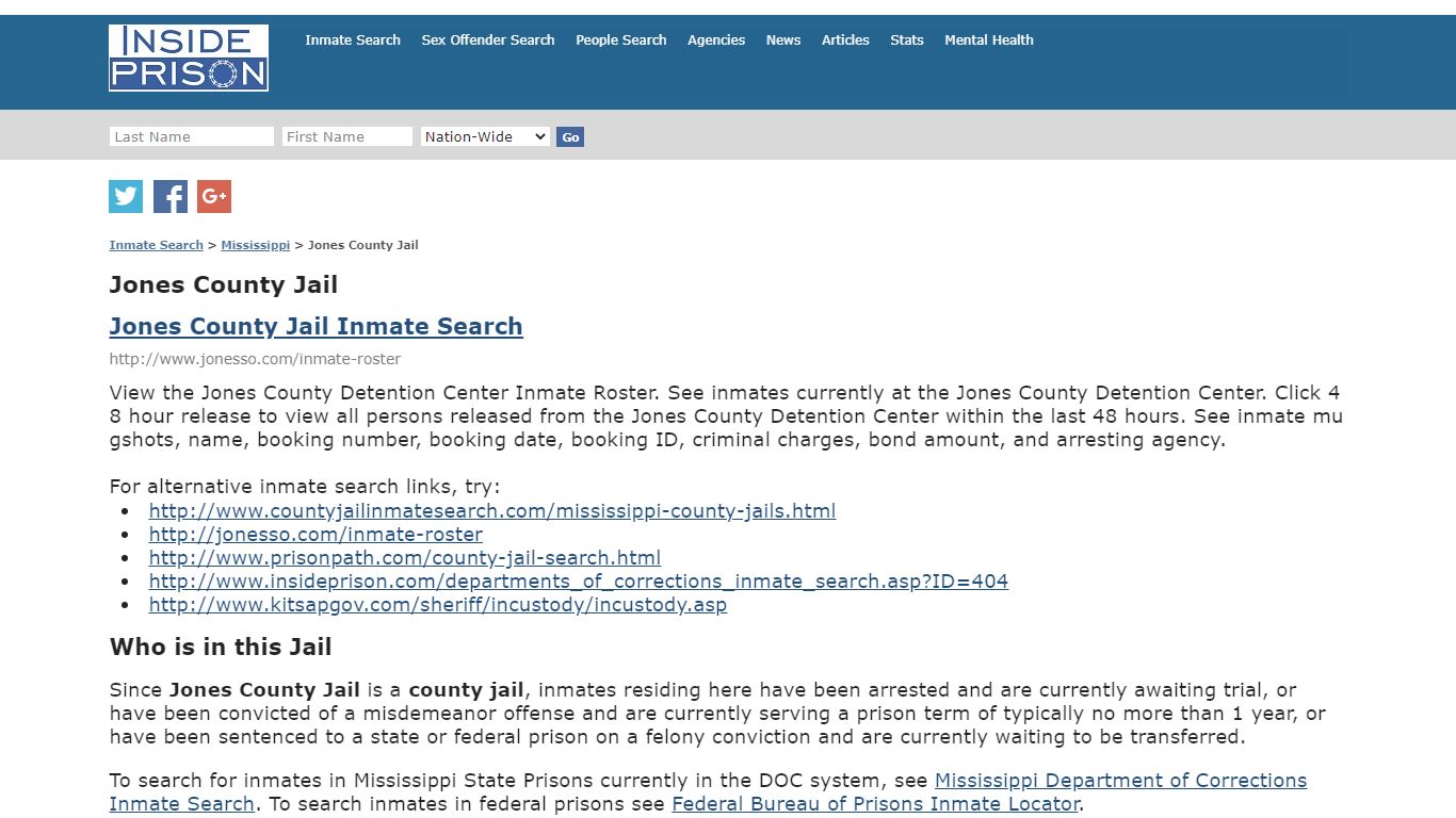 Jones County Jail - Mississippi - Inmate Search